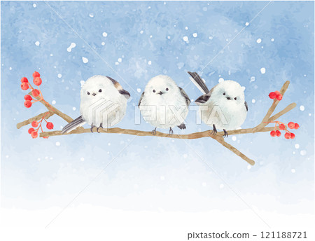 Watercolor winter red berries and Japanese tit 121188721