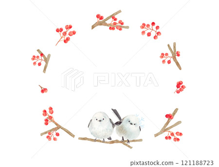 Watercolor winter red berries and Japanese tit 121188723