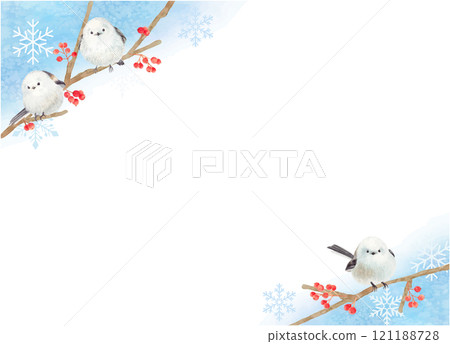 Watercolor winter red berries and Japanese tit 121188728