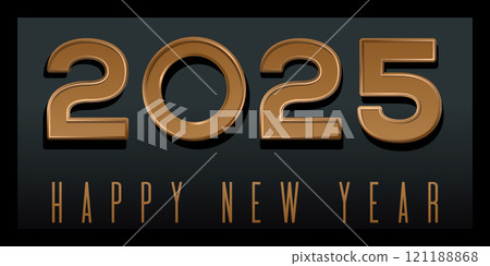 Happy New Year 2025. Volumetric congratulatory inscription made of bronze on a black background Happy New Year 2025. Volumetric congratulatory inscription made of bronze on a black background 121188868