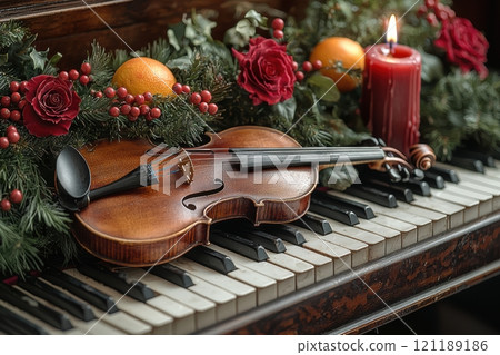 A festive violin beautifully placed on an antique piano adorned with seasonal decorations 121189186