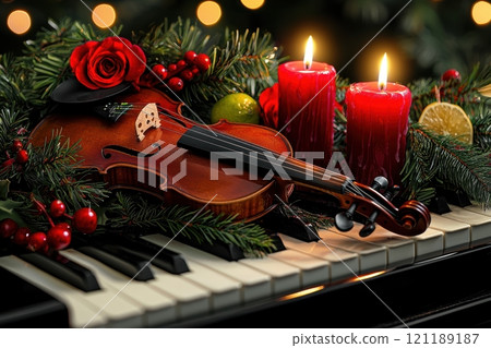 Festive Violin and Delicate Candles Arranged Artfully on a Piano for Holiday Celebrations Festive Violin and Delicate Candles Arranged Artfully on a Piano for Holiday Celebrations 121189187