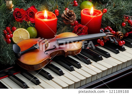 A festive violin on a piano, surrounded by candles and cheerful holiday decorations 121189188