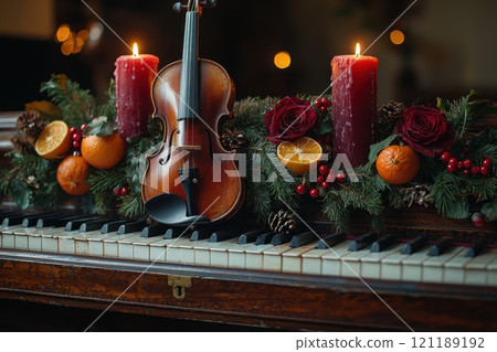 Enjoy the festive piano music, violin, and glowing candles for holiday cheer and spirit 121189192