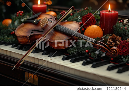 Enjoy the enchanting Festive Harmony with Violin and Piano, highlighted by Holiday Decor 121189244