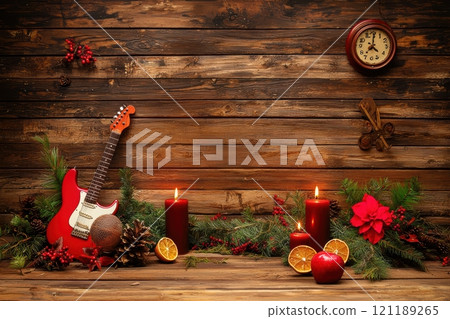 Experience the joy of Festive Rustic Christmas Decor, featuring a Guitar and Candles 121189265