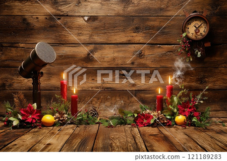A Warm and Cozy Christmas Scene Enhanced with Beautiful Candles and Festive Decor Elements 121189283