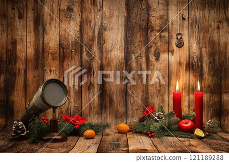 Vintage Christmas Decor with Warm Candles and a Gramophone for a Cozy Atmosphere 121189288