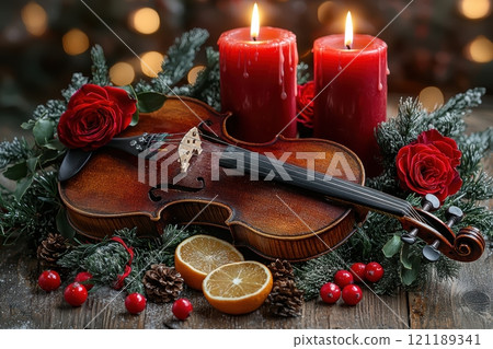 An Elegant Christmas Arrangement Featuring a Violin and Candles for the Festive Season 121189341