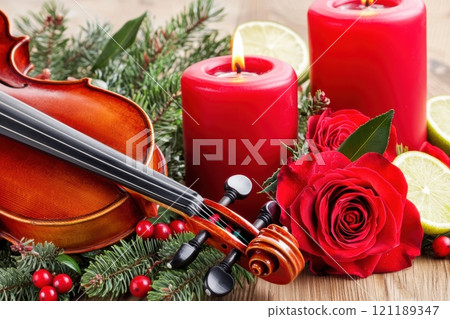 Enjoy the enchanting sounds of the Violin, warm candlelight, and beautiful holiday decor 121189347