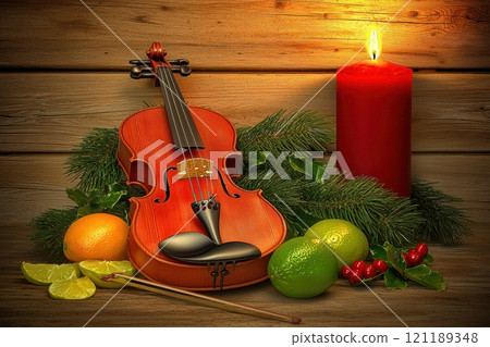 A Serene Still Life featuring a Violin, a Candle, and an assortment of Fresh Fruits 121189348