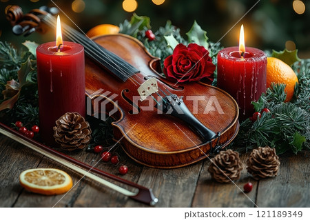 A Warm Holiday Decor featuring a beautiful Violin surrounded by soft, glowing Candles 121189349