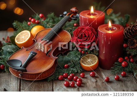 An elegant violin adorned with festive decorations and glowing candles for the holidays An elegant violin adorned with festive decorations and glowing candles for the holidays 121189350