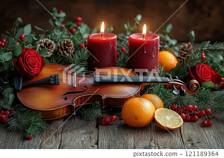 A Festive Violin Arrangement Accentuated by Cozy Candles and Fresh Oranges for Celebration A Festive Violin Arrangement Accentuated by Cozy Candles and Fresh Oranges for Celebration 121189364