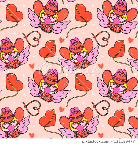 Groovy Retro Valentine Seamless Pattern Cowboy Cupid Western cartoon isolated on background Groovy Retro Valentine Seamless Pattern Cowboy Cupid Western cartoon isolated on background 121189477