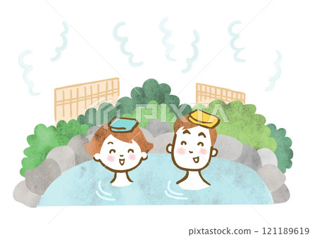 手繪插畫的一男一女泡溫泉 121189619