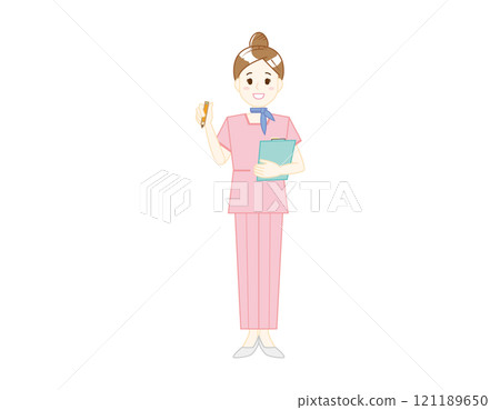 Illustration of a woman serving customers in pants style - Beauty advice staff 121189650
