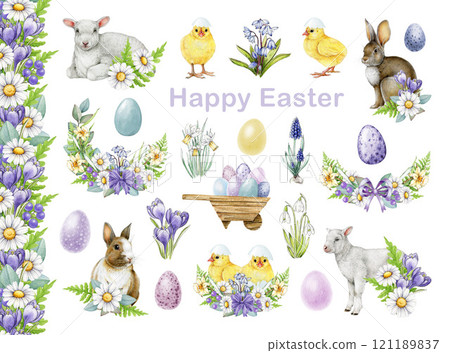 Easter festive traditional floral decor element set with cute farm baby animals. Watercolor vintage style illustration. Painted bunny, chicks, lamb, painted eggs, spring flowers on white background Easter festive traditional floral decor element set with cute farm baby animals. Watercolor vintage style illustration. Painted bunny, chicks, lamb, painted eggs, spring flowers on white background 121189837