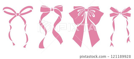 Ribbon bow for hair. Cute pink vector tie with knot for gift. Girly flat accessories set for birthday Christmas holidays. Cartoon fashion elements for decoration. Romantic vintage collection 121189928