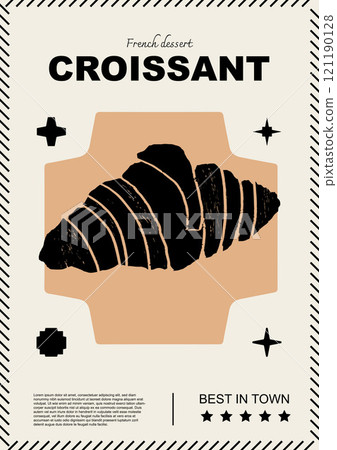 French croissant. Price tag or poster design. Set of vector illustrations. Typography. Engraving style. Labels, cover, t-shirt print, painting. French croissant. Price tag or poster design. Set of vector illustrations. Typography. Engraving style. Labels, cover, t-shirt print, painting. 121190128