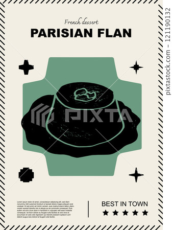French Parisian flan. Price tag or poster design. Set of vector illustrations. Typography. Engraving style. Labels, cover, t-shirt print, painting.	 121190132