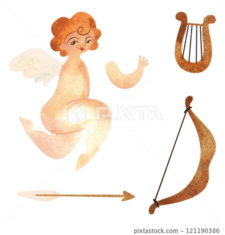Cupid or Amor, Greek god of love. Set with bow, arrows and lyre. Golden-haired baby with wings. Character. Isolated watercolor illustration for valentine. Clipart. Cupid or Amor, Greek god of love. Set with bow, arrows and lyre. Golden-haired baby with wings. Character. Isolated watercolor illustration for valentine. Clipart. 121190386