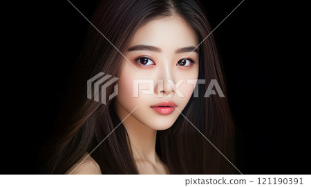 Portrait of smiling asian teenager girl black background. 121190391