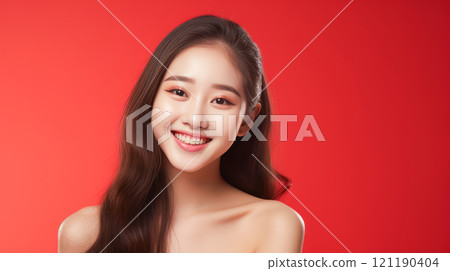 Portrait of smiling asian teenager girl red background. 121190404