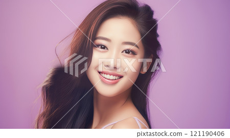 Portrait of smiling asian teenager girl purple background. 121190406