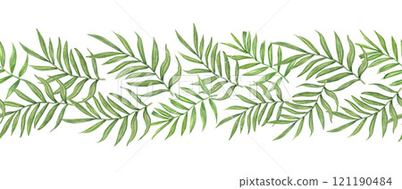 Watercolor green areca palm or Cycas leaves horizontal banner. Tropical leaf branches floral summertime illustration for wedding textile, travel package decor, cosmetic design 121190484