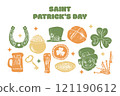 Set of Saint Patrick's day celebration themed vector illustrations. Colorful, cartoon style, hand drawn elements isolated on a white background. 121190612