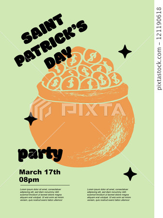 Saint Patrick's Day party flyer, pot of gold. Set of vector illustrations. Flat design. Typography. Background for a poster, t-shirt or banner. Saint Patrick's Day party flyer, pot of gold. Set of vector illustrations. Flat design. Typography. Background for a poster, t-shirt or banner. 121190618