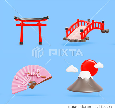 3d set of japanese icon. Red bridge, torii gate, pink hand fan with sakura branch, mountain fuji with sun and clouds. Cartoon render traditional architecture, isolated design elements. 3D illustration 121190754