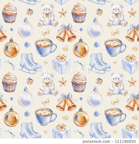 Seamless holiday pattern white bear, bells, bow, skates, coffee cup, cupcake. Christmas ornaments hand-drawn watercolor 121190850