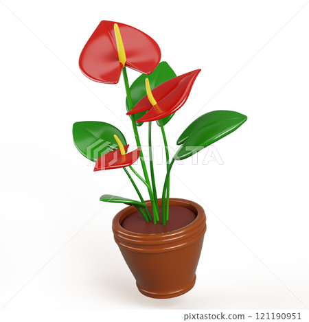 3d flower plant in pot isolated cartoon render icon. Anthurium with green leaves and red blossom in planter for home garden, flower shop or home interior design element, birthday gift. 3D illustration 121190951