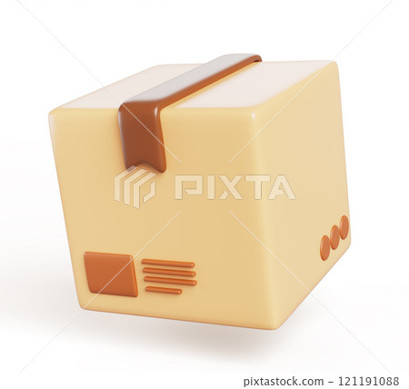 3d cardboard box mockup, cargo and parcel package with tape top and label side. Brown square carton closed packaging for goods, isolated packs for freight shipping Cartoon render icon. 3D illustration 3d cardboard box mockup, cargo and parcel package with tape top and label side. Brown square carton closed packaging for goods, isolated packs for freight shipping Cartoon render icon. 3D illustration 121191088