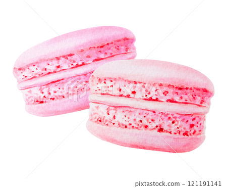 Watercolor illustration of pink macarons with detailed texture and vibrant color. Isolated clip art is perfect for bakery branding, dessert menus, food-related designs, greeting cards, party projects Watercolor illustration of pink macarons with detailed texture and vibrant color. Isolated clip art is perfect for bakery branding, dessert menus, food-related designs, greeting cards, party projects 121191141