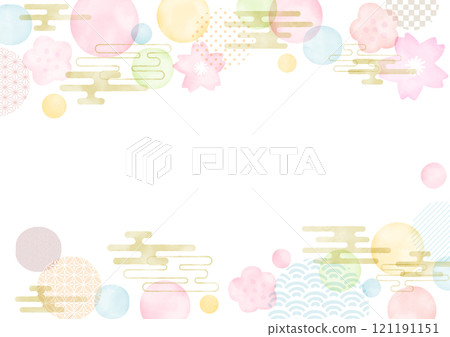 Hand-drawn New Year's card watercolor plum, cherry blossom, polka dots and Japanese pattern background illustration 121191151