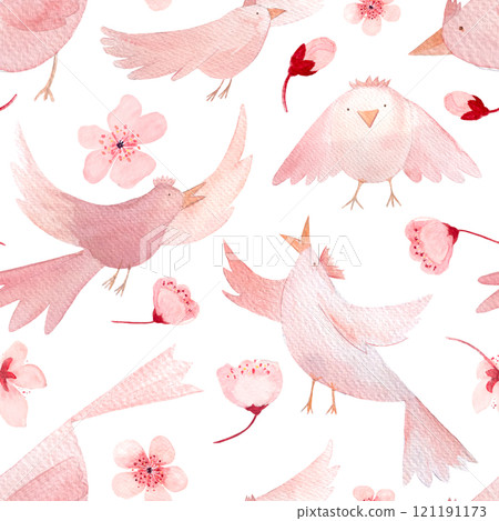 Sakura flowers and birds in different poses, monochromatic hand painted watercolor seamless border isolated on white. High quality pink art perfect for children design, wrapping paper, women textile Sakura flowers and birds in different poses, monochromatic hand painted watercolor seamless border isolated on white. High quality pink art perfect for children design, wrapping paper, women textile 121191173