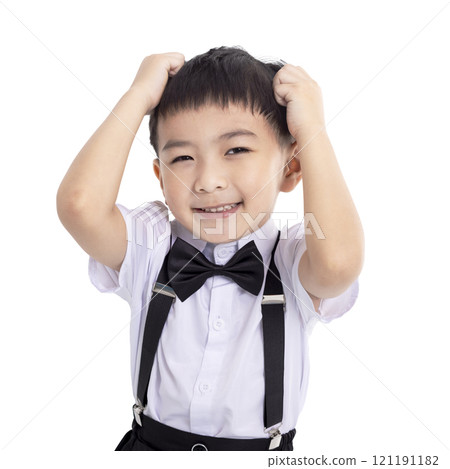 Asian little boy covering head with hand 121191182