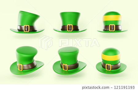 3d set of leprechaun hat cartoon render icon. Saint Patrick day symbol, green headgear for costume parade, isolated design elements for traditional Irish spring holiday or pub party. 3D illustration 3d set of leprechaun hat cartoon render icon. Saint Patrick day symbol, green headgear for costume parade, isolated design elements for traditional Irish spring holiday or pub party. 3D illustration 121191193