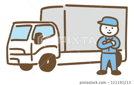Small to medium-sized truck and smiling male driver (full body) 121191213