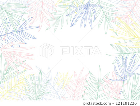 Vector tropical leaves in pastel Easter colors horizontal frame with empty space for text. Palm, ginger, eucalyptus silhouettes floral line art border . For greeting card, invitation, label. Vector tropical leaves in pastel Easter colors horizontal frame with empty space for text. Palm, ginger, eucalyptus silhouettes floral line art border . For greeting card, invitation, label. 121191220