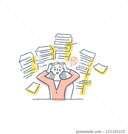 一位女商人擔心必須處理一堆文件和她的腦袋。 一位女商人擔心必須處理一堆文件和她的腦袋。 121191225