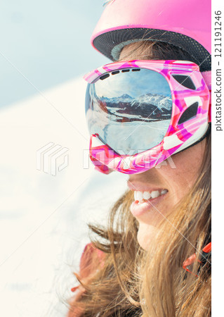Portrait of girl with ski goggles 121191246