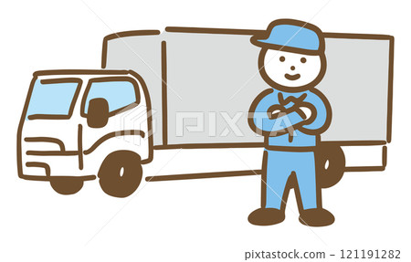 Medium to large truck and smiling male driver (full body) Medium to large truck and smiling male driver (full body) 121191282