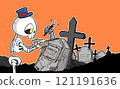 Full-color illustration of a skeleton delivery man delivering a package 121191636