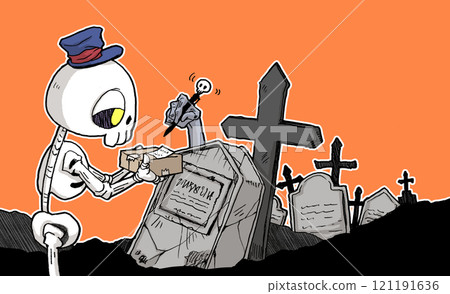 Full-color illustration of a skeleton delivery man delivering a package 121191636