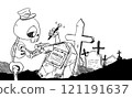 Line drawing of a skeleton delivery man illustration delivering a package 121191637