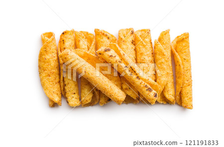 Rolled nachos tortilla chips isolated on white background. Rolled nachos tortilla chips isolated on white background. 121191833